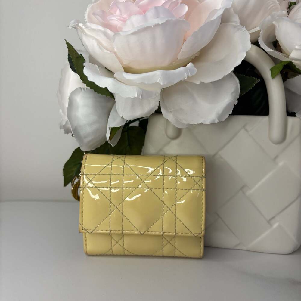 Christian Dior Lady Dior Lotus Wallet Yellow Patent Cannage Calfskin